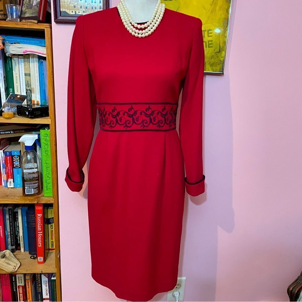Vintage Talbots 100% Wool Red Mini Dress with Festive Black Piping Waist